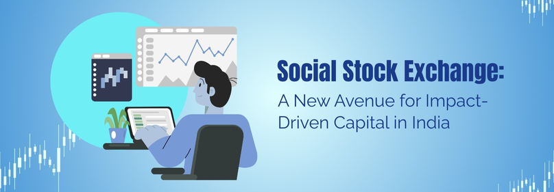 A graphic of a person sitting in front of a laptop with social stock exchange on the right.